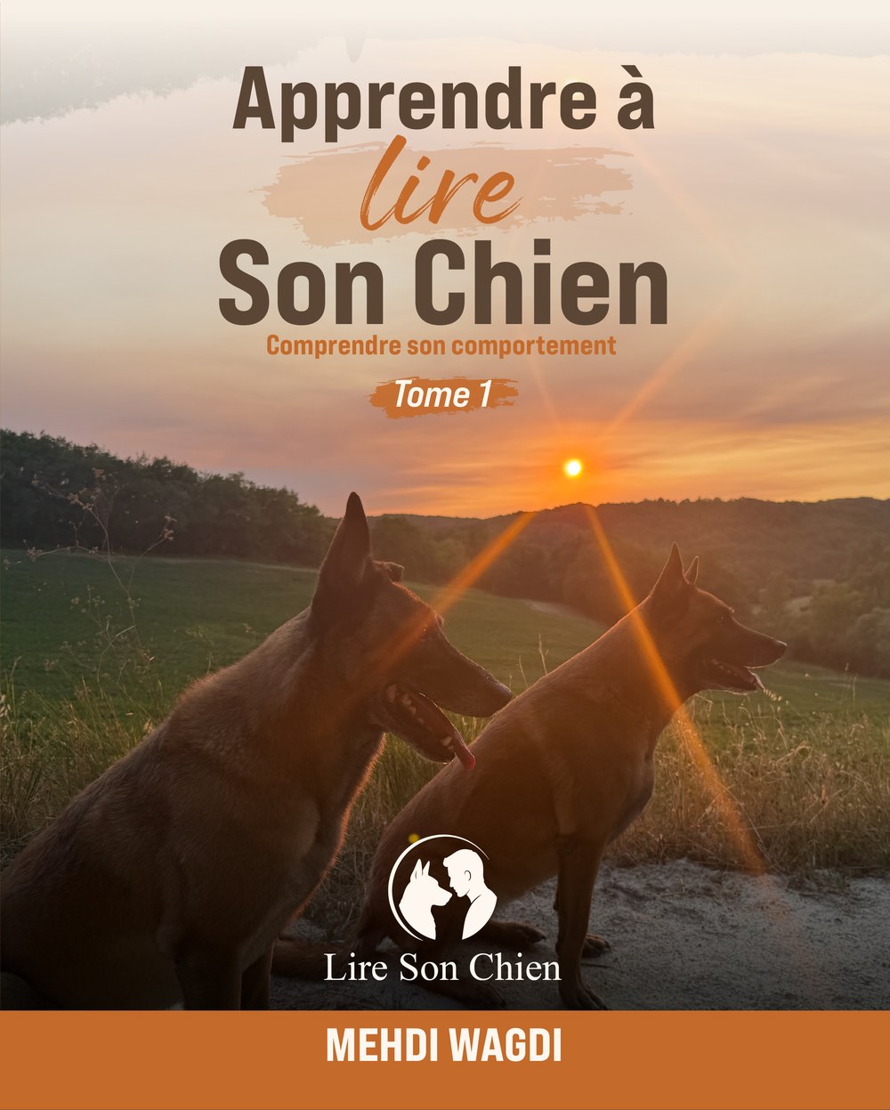 Couverture du tome 1 d'Apprendre à lire son chien : Magnum et One de profil au coucher du soleil